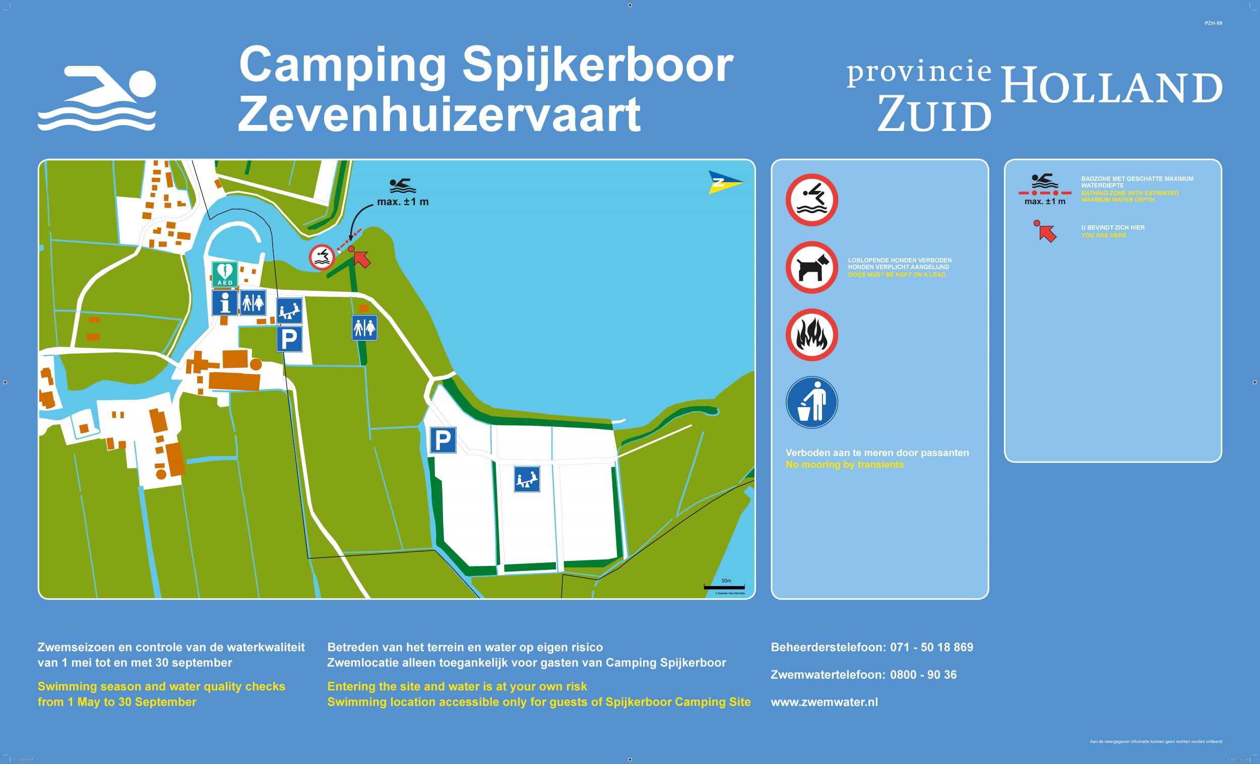 The information board at the swimming location Camping Spijkerboor, Zevenhuizervaart