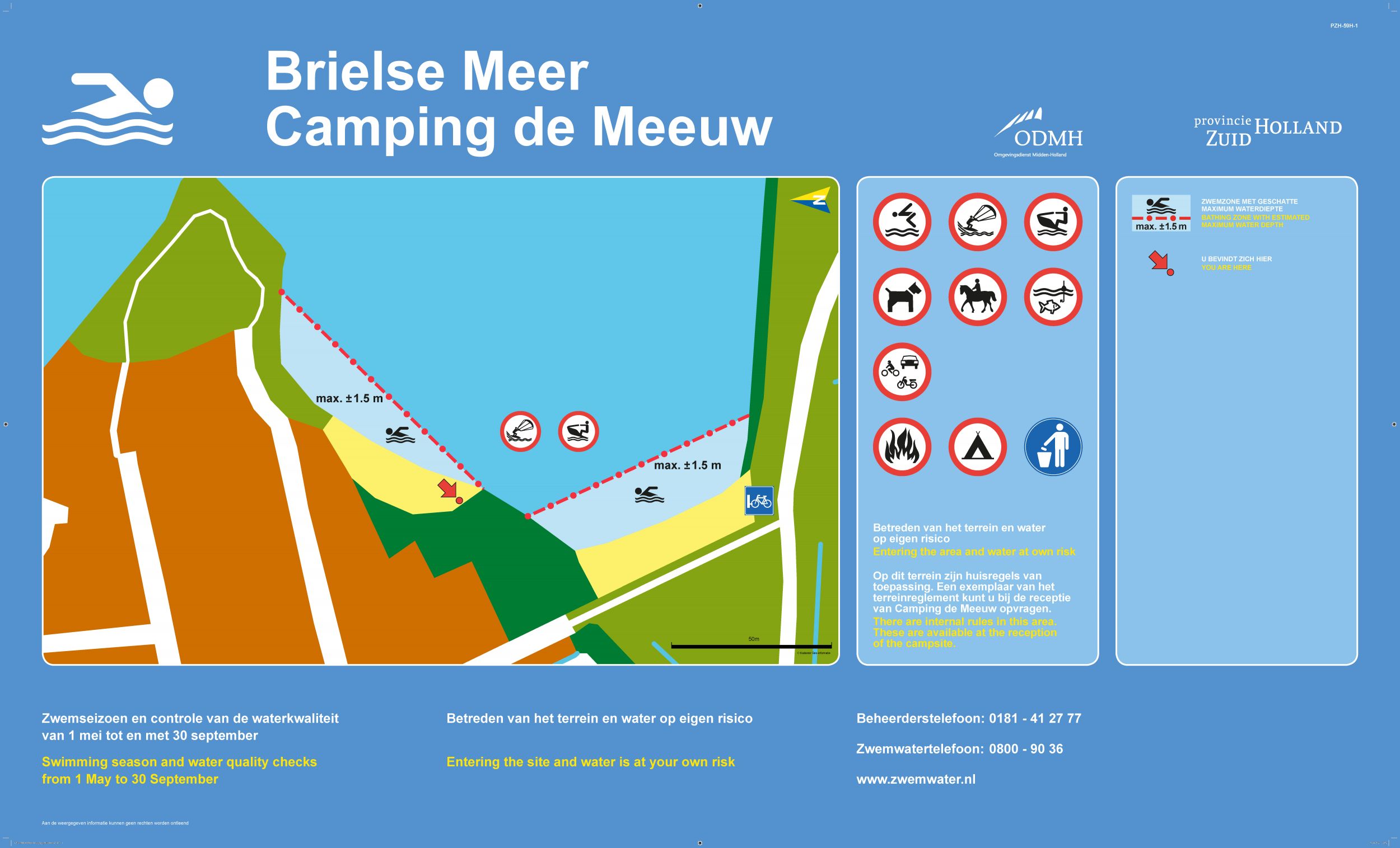 Het informatiebord bij zwemlocatie Brielse Meer Camping de Meeuw