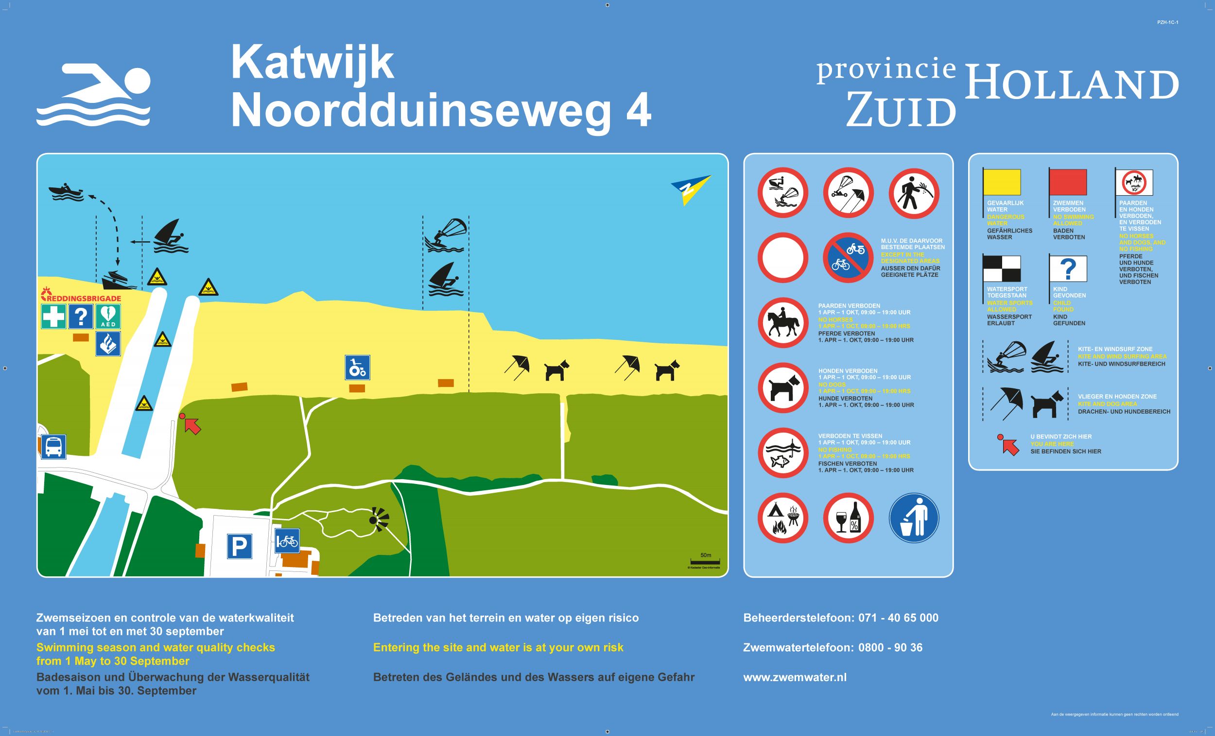 The information board at the swimming location Katwijk aan Zee Boulevard Noord