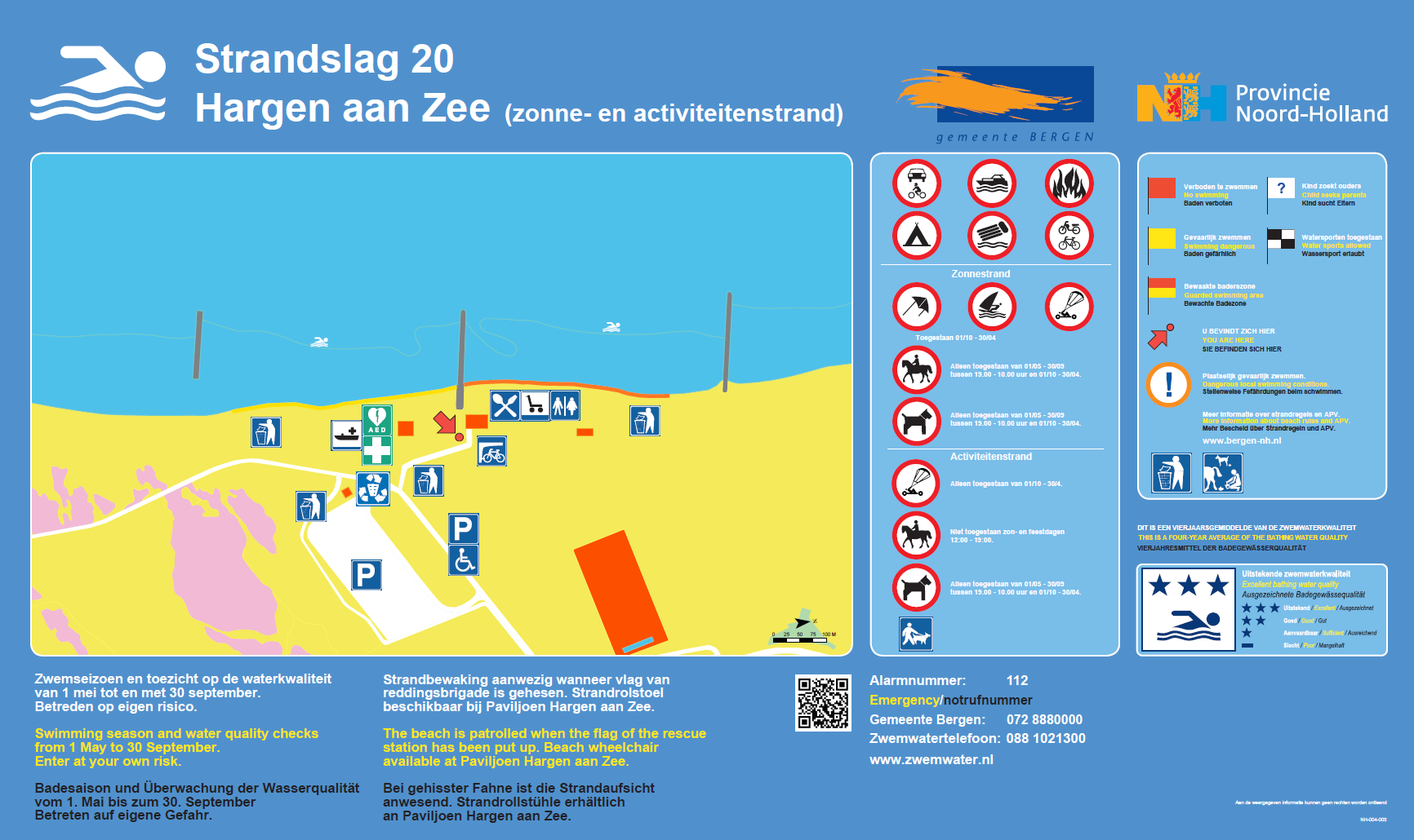 The information board at the swimming location Hargen aan Zee, Strandslag 20