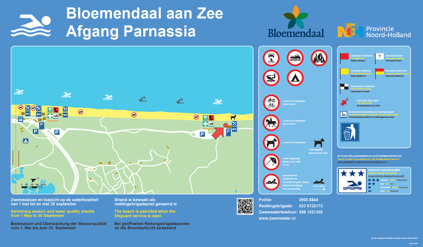 The information board at the swimming location Bloemendaal aan Zee, Afgang Parnassia