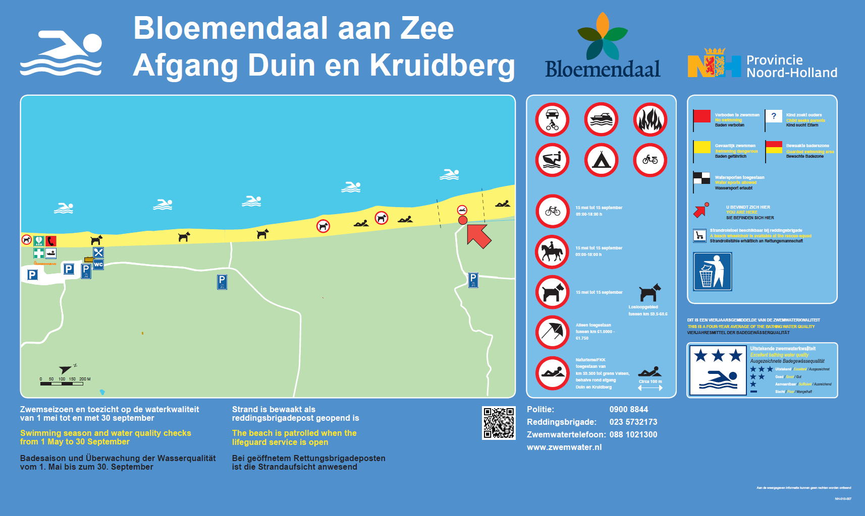 The information board at the swimming location Bloemendaal aan Zee, Afgang Duin en Kruidberg