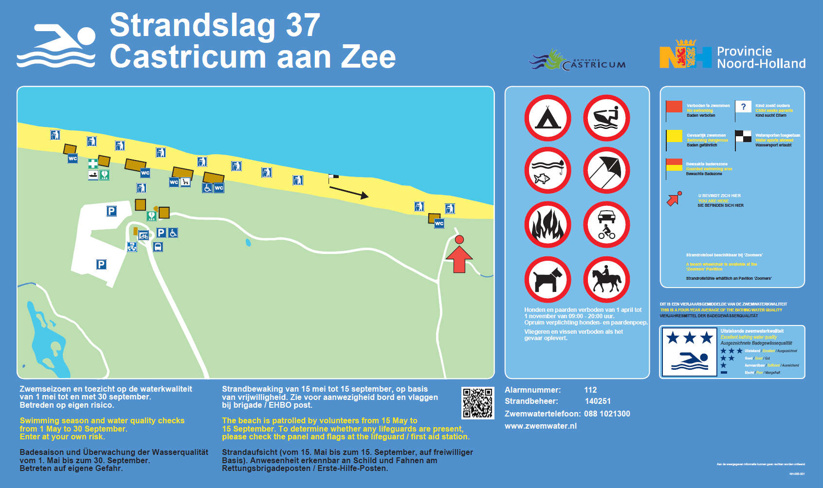 Het informatiebord bij zwemlocatie Castricum aan Zee, Bad Noord, Strandslag 37