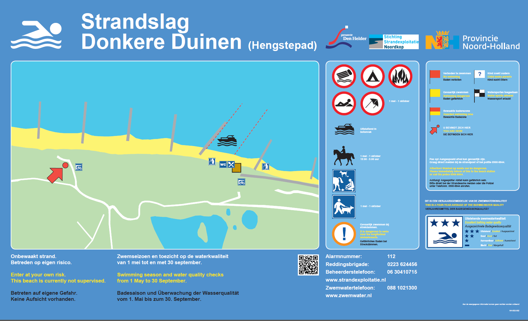 Het informatiebord bij zwemlocatie Huisduinen, Strandslag Donkere Duinen