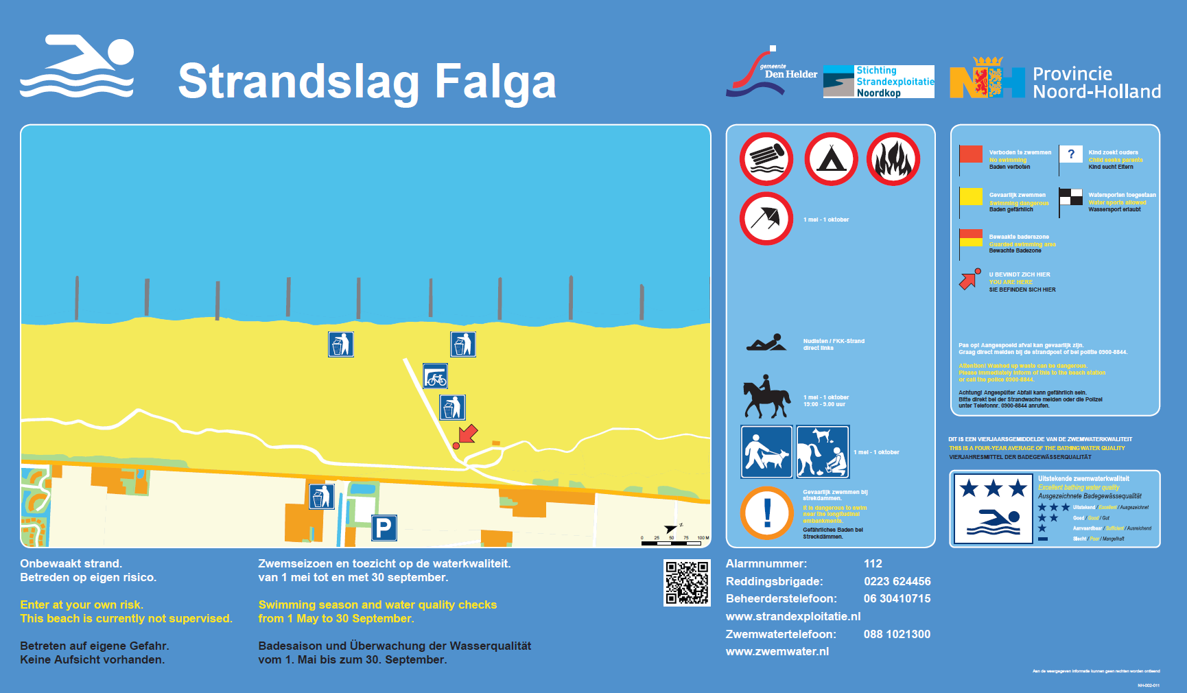Het informatiebord bij zwemlocatie Julianadorp, Strandslag Falga