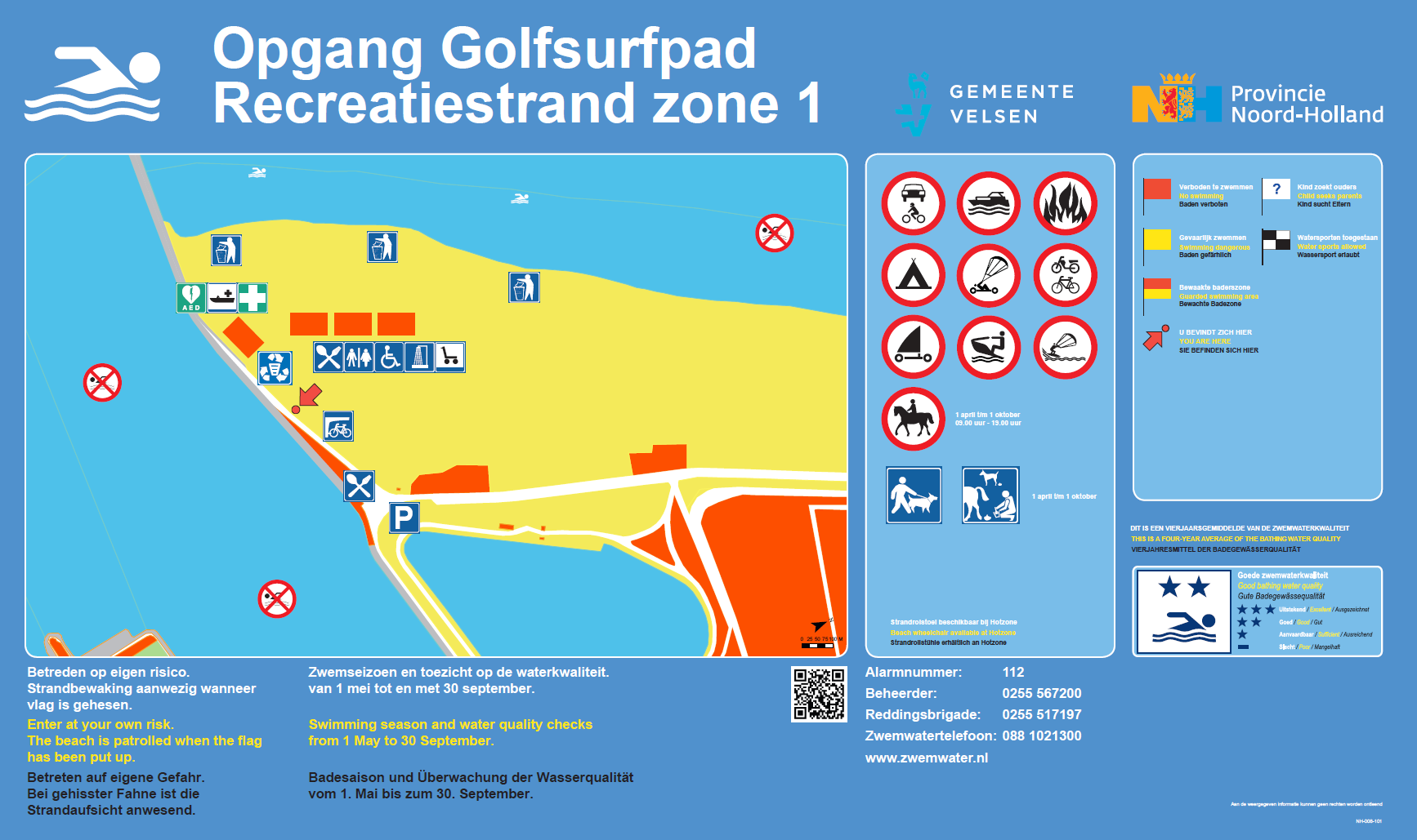 Het informatiebord bij zwemlocatie Strand Noordpier, Zone 1, Velsen