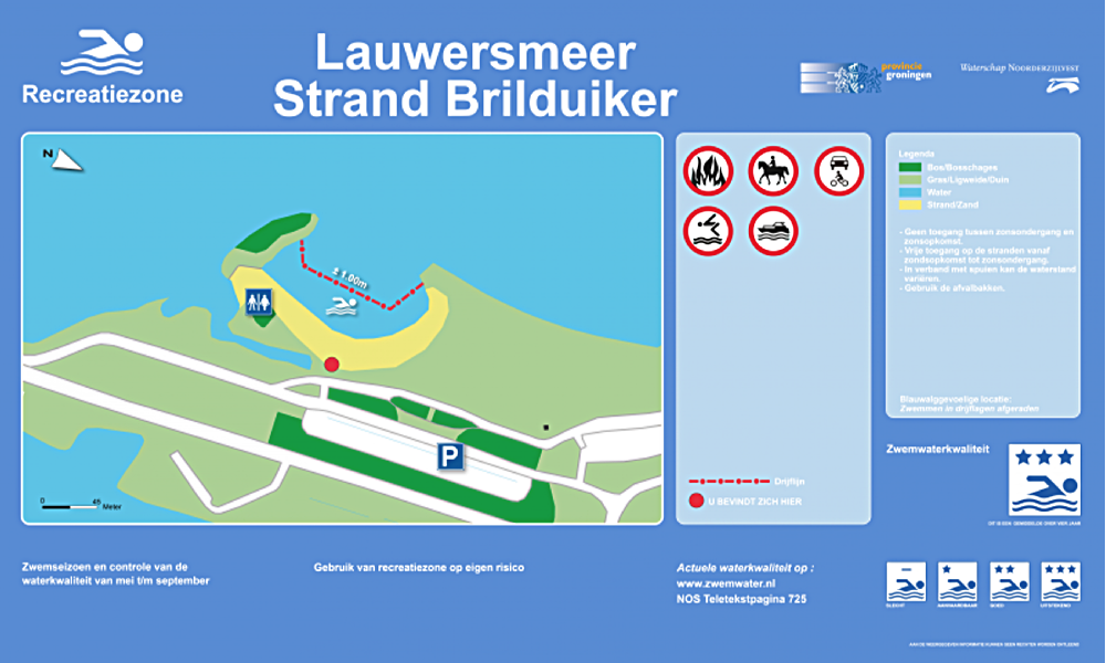 The information board at the swimming location Lauwersmeer strand Brilduiker