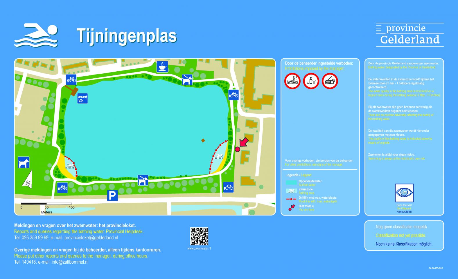 Het informatiebord bij zwemlocatie Tijningenplas jeugdstrand